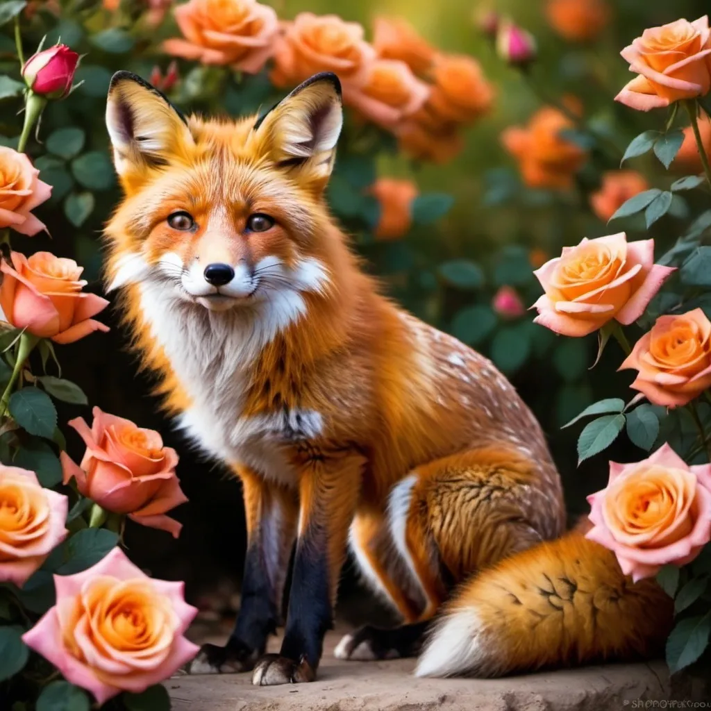 Prompt: cute fox in den of roses looks like art photography with crisp rich colors
