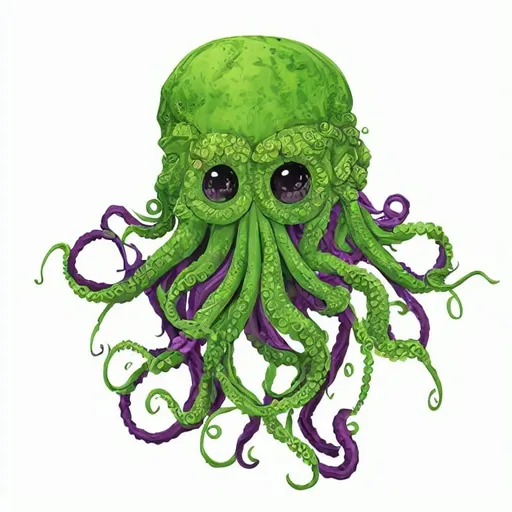 Prompt: Stylized Green Cthulhu head with tentacles in a purple background