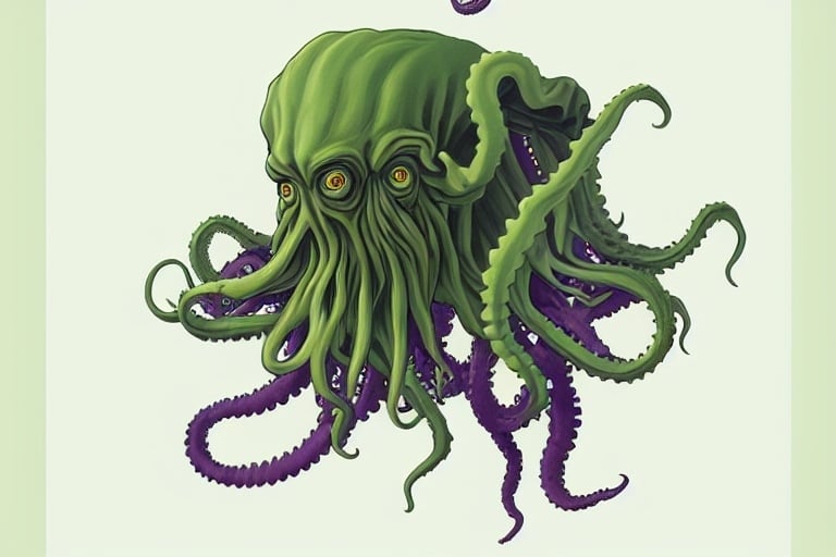 Prompt: Stylized Green Cthulhu head with tentacles in a purple background, sinister red eyes