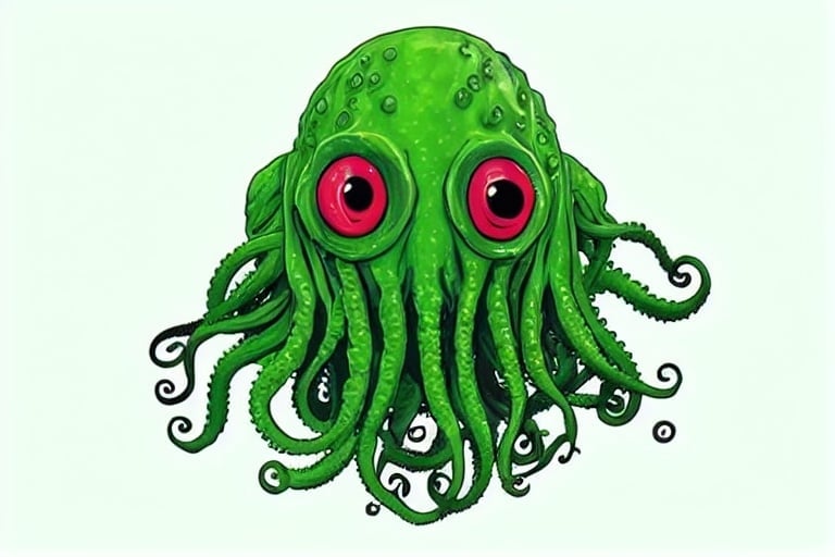 Prompt: Stylized Green Cthulhu head, sinister red eyes, long tentacles