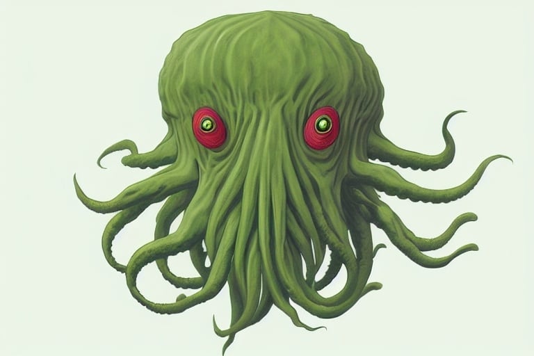 Prompt: Stylized Green Cthulhu head with sinister red eyes