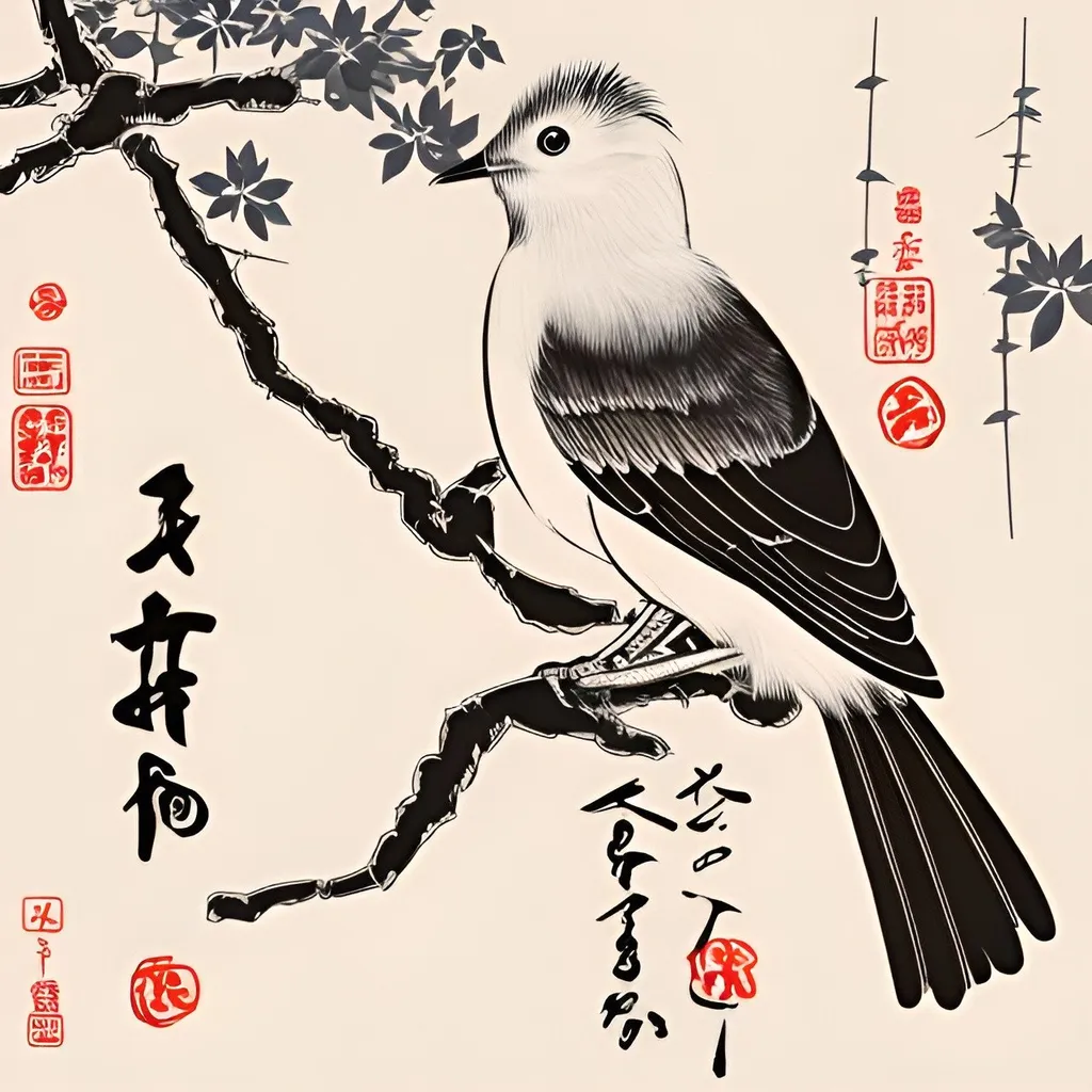 Prompt: Nature  Bird with Japanese writing down the side
