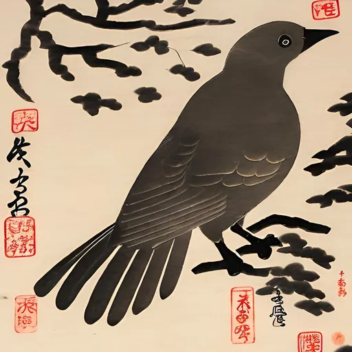 Prompt: Nature  Bird with Japanese writing down the side
