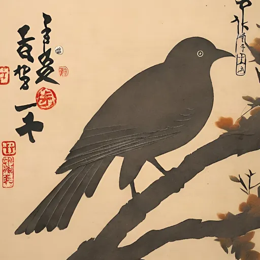 Prompt: Nature  Bird with Japanese writing down the side
