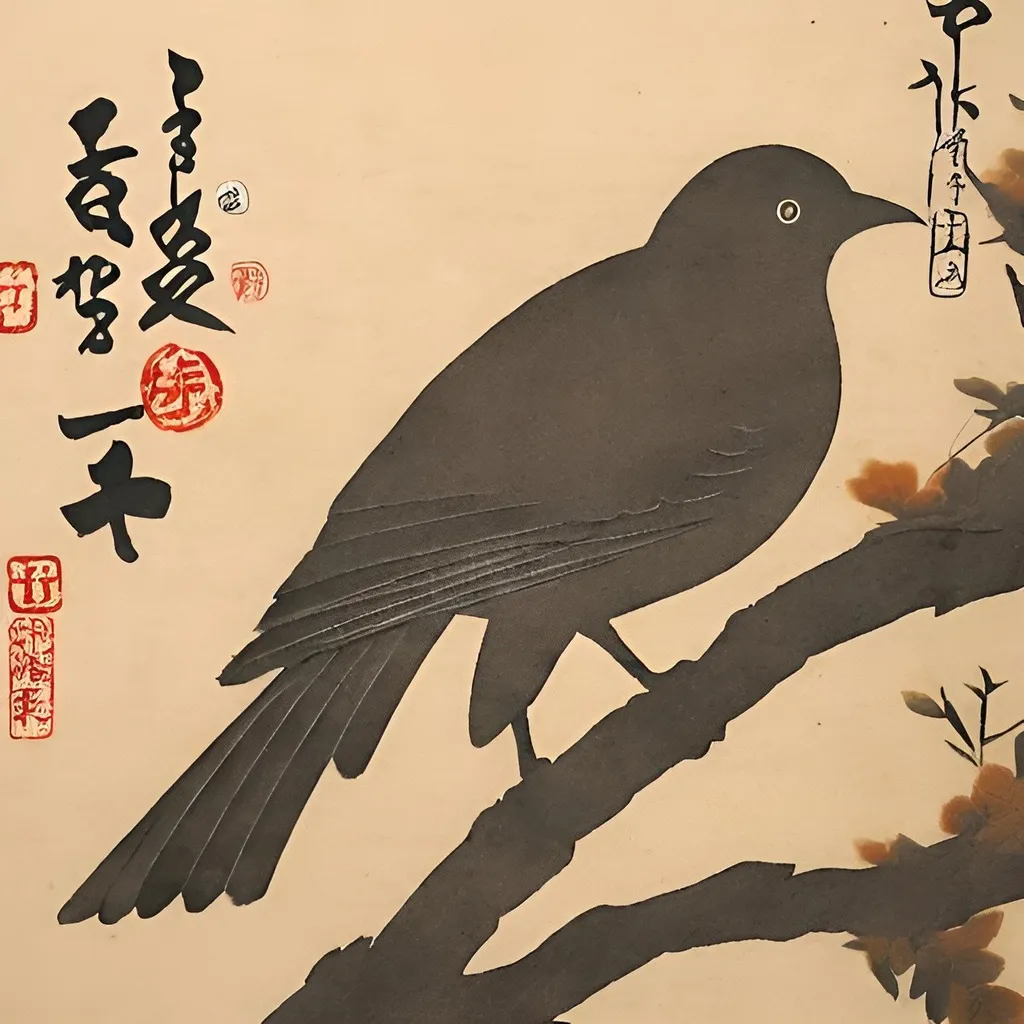 Prompt: Nature  Bird with Japanese writing down the side
