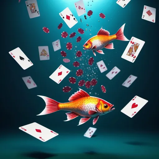 Prompt: Fish falling from the sky, poker cards flying around, surreal 3D rendering, vibrant colors, high quality, dynamic, surreal, flying poker cards, detailed scales, atmospheric lighting, whimsical