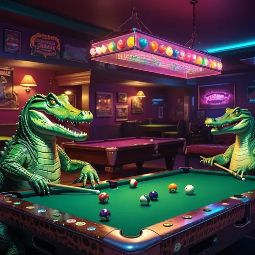 Prompt: draw crocodiles playing pool on a Diamond pro pool table
