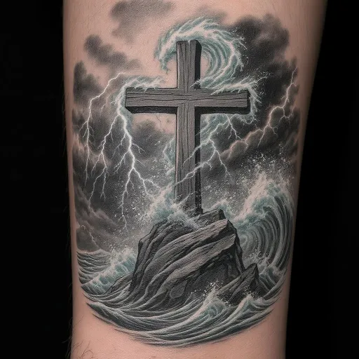 Prompt: Waves crashing on cross shaped rock, ocean storm, lightning in the background, tattoo design realism
