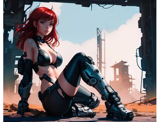 Prompt: female cyborg in ruins, post-apocalyptic, Ilya Kuvshinov, red hair, long curly hair, grey eyes, black leather microbikini, curvy,  hourglass body,  detailed body, round face, squatting, legs spread
