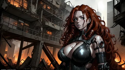 Prompt: Post-apocalyptic female cyborg with long red curly hair scavenging in ruins, leather leotard, curvy body, detailed face, highres, ultra-detailed, Range Murata style, sci-fi, post-apocalyptic, detailed hair, professional, atmospheric lighting, intense expression, intricate mechanical components, rusty metal tones, gritty urban setting