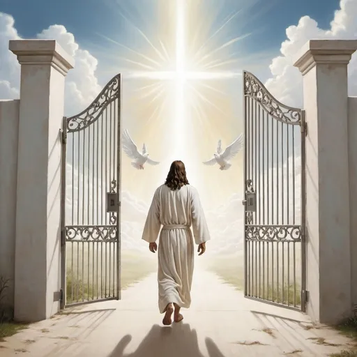 Prompt: Jesus leading a modern day person through a white gate to heaven

