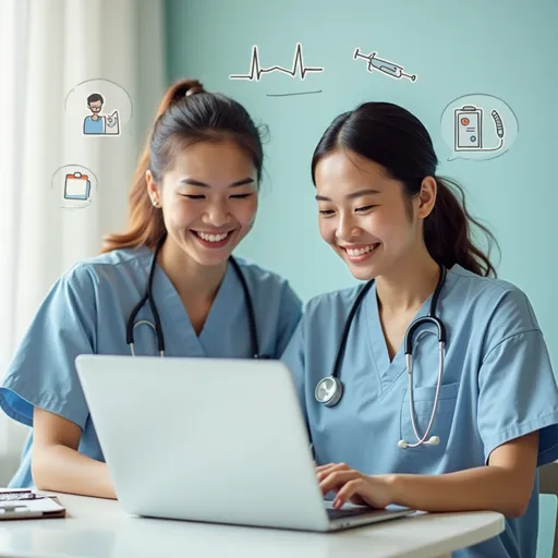 Prompt: Scene: A caring mentor (in scrubs) guiding a smiling student on a laptop screen. Surround them with soft-focus icons of medical care: heartbeat lines, syringe, clipboard. Soft pastel color palette.
Mood: Warm, supportive, inspiring.