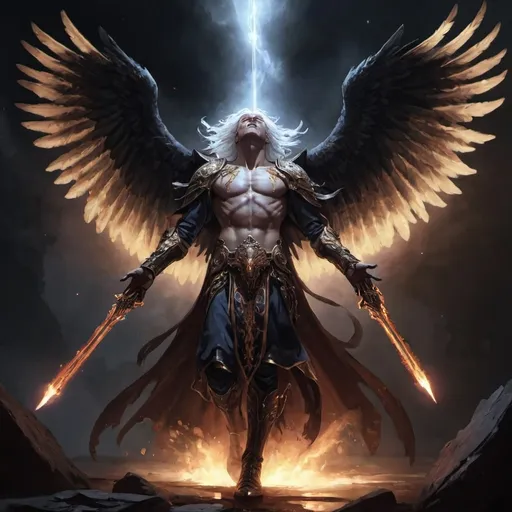 Prompt: Male Aasimar consumed by darkness