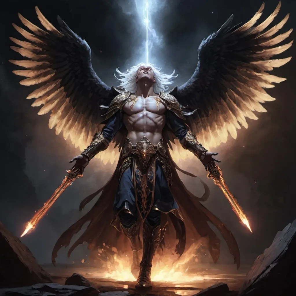 Prompt: Male Aasimar consumed by darkness