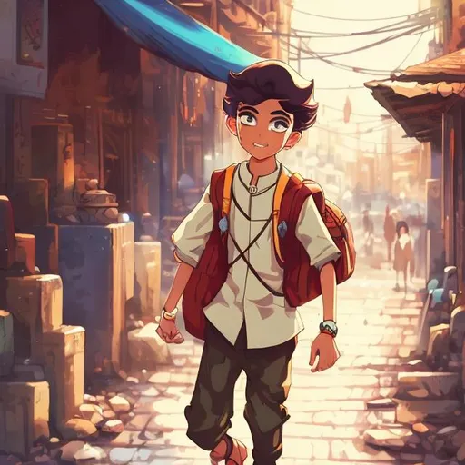 Prompt: Anime illustration of a young Arab boy on his way to school, warm and vibrant tones, bustling cityscape in the background, traditional clothing with modern accessories, detailed eyes and expression, high quality, anime, vibrant tones, schoolboy, traditional-modern fusion, detailed eyes, professional, atmospheric lighting