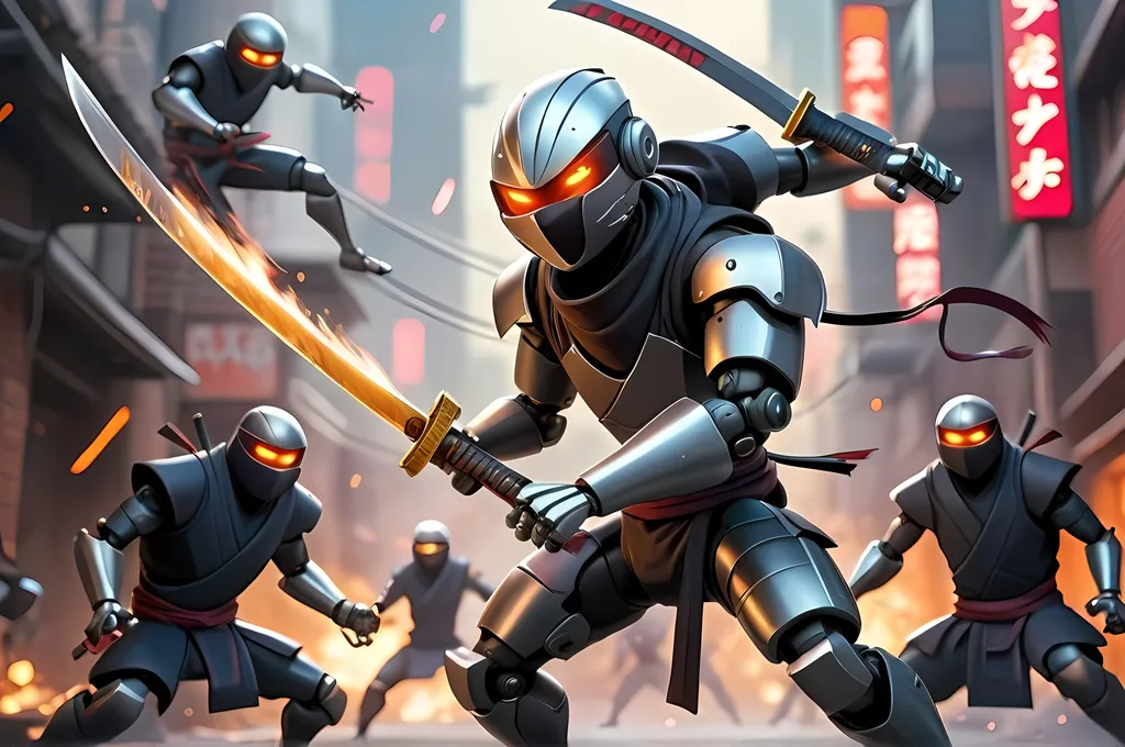 Prompt: "Create a dynamic scene where a robot ninja fighting with the gang of ninjas in the futeristic city with the help of sharpest futuristic Weapon showing their fighting  and some blasts in the background
