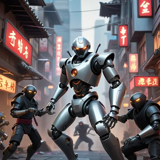 Prompt: "Create a dynamic scene where a robot fighting with the gang of ninjas in the futeristic city with the help of sharpest futuristic Weapon in the city.