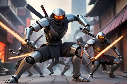 Prompt: "Create a dynamic scene where a robot ninja fighting with the gang of ninjas in the futeristic city with the help of sharpest futuristic Weapon showing their fighting  and some blasts in the background
