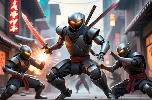 Prompt: "Create a dynamic scene where a robot ninja fighting with the gang of ninjas in the futeristic city with the help of sharpest futuristic Weapon showing their fighting  and some blasts in the background
