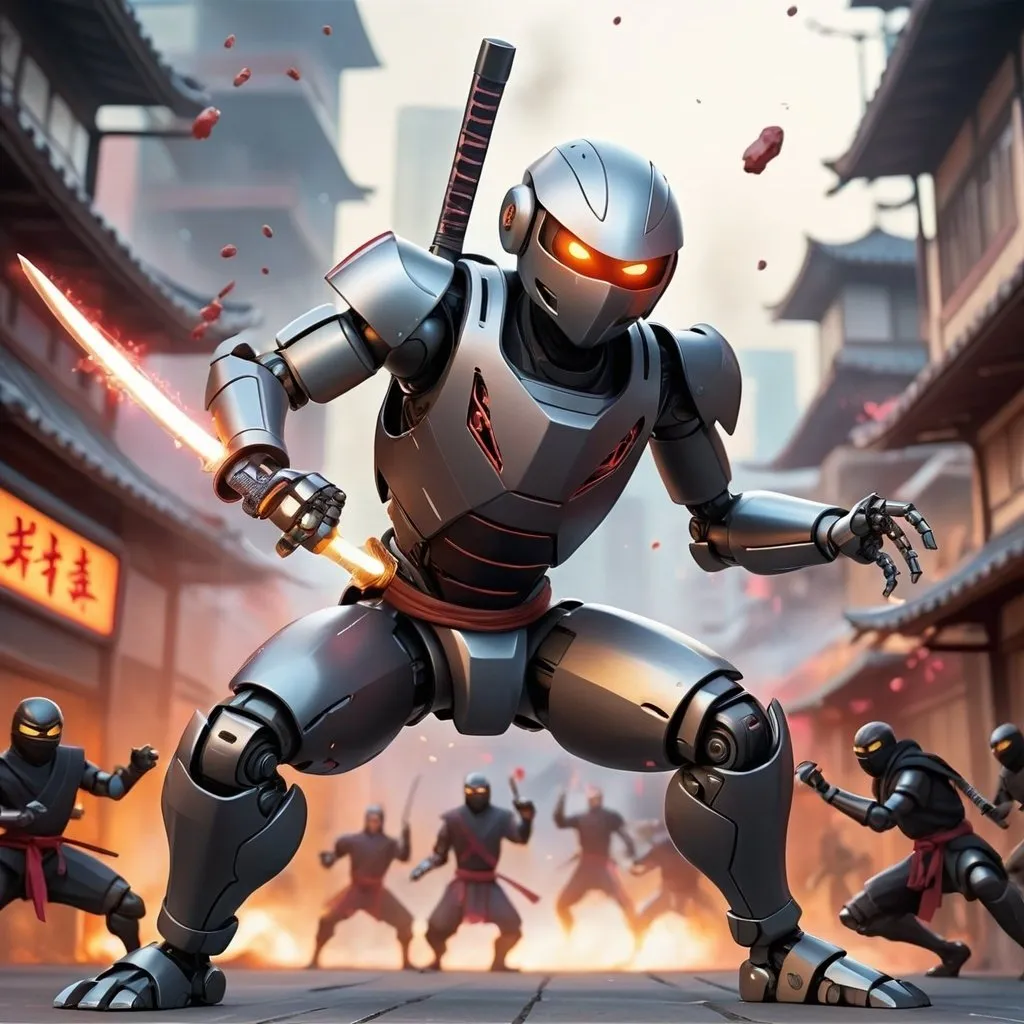 Prompt: "Create a dynamic scene where a robot ninja fighting with the gang of ninjas in the futeristic city with the help of sharpest futuristic Weapon showing their fighting  and some blasts in the background
