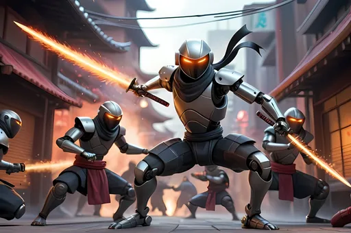 Prompt: "Create a dynamic scene where a robot ninja fighting with the gang of ninjas in the futeristic city with the help of sharpest futuristic Weapon showing their fighting  and some blasts in the background
