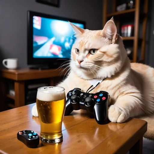 Prompt: A cat drinking beer while it playing a video game