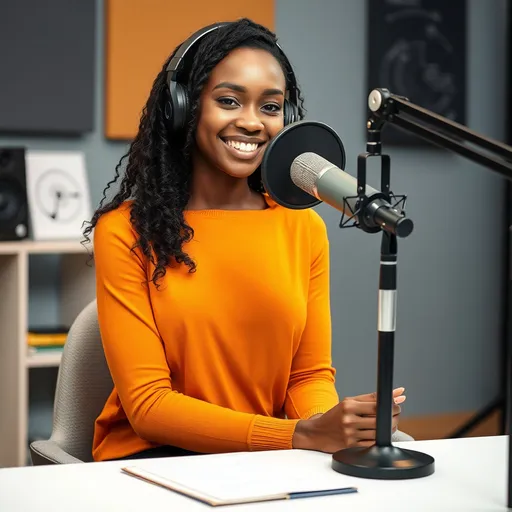 Prompt: A young beautiful black woman sitting in a studio recording a voice over on something educative.