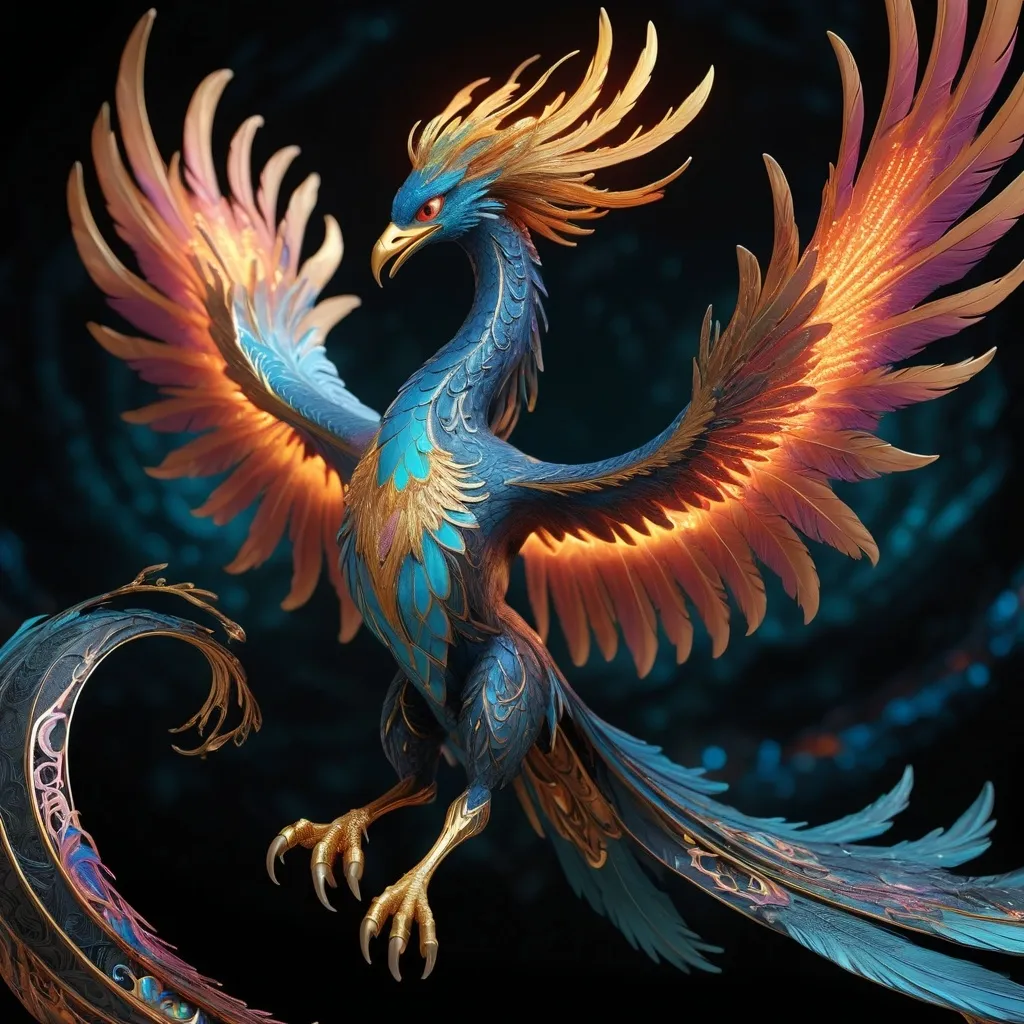 Prompt: A majestic Phoenix-Dragon hybrid, soaring triumphantly from radiant quantum black holes, adorned with stunning bioluminescent feathers. The image showcases the elegant curves and intricate designs of Art Nouveau style, presented in an ultra-detailed 3D render. Unreal Engine 5 lighting casts dramatic shadows and highlights, infusing the scene with a captivating sense of chaos and otherworldliness, showcasing a high-energy spectacle of colors and textures.