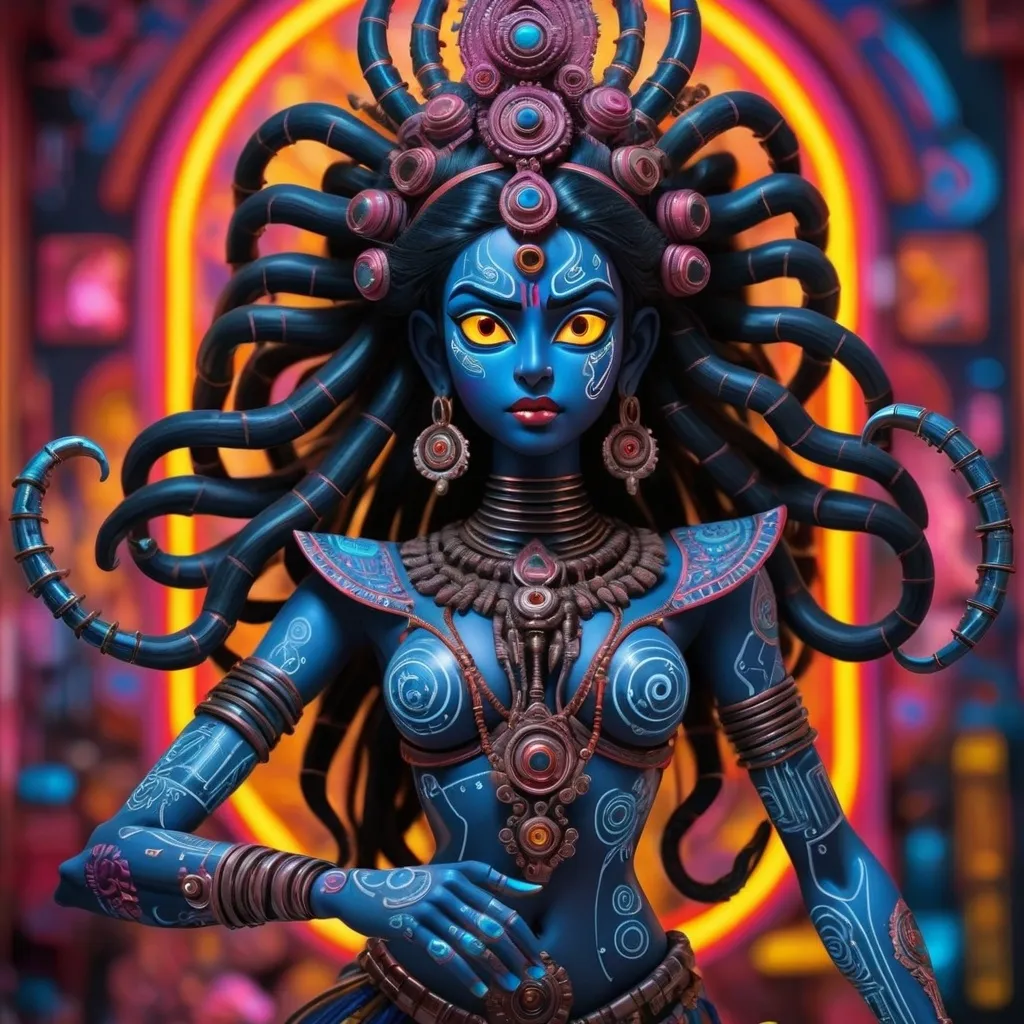 Prompt: `"A Hindu goddess Kali as a cyborg, neon-lit mechanical arms, cosmic background, traditional henna patterns mixed with circuit boards, 8K cinematic, trending on OpenSea, by Studio Ghibli and H.R. Giger --v 6 --ar 1:1"`