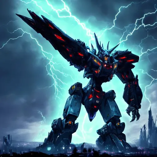 Prompt: ginormous, big, strong, wallpaper, dark background, mecha , dragon, god, lightning,