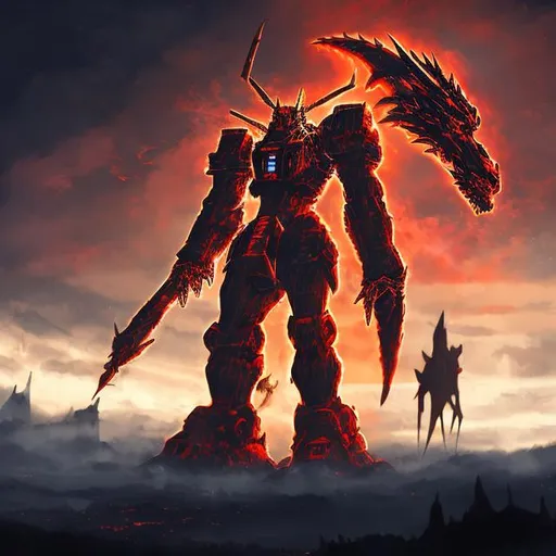 Prompt: ginormous, big, strong, mecha, god, armor, red sky, dark background, dragon