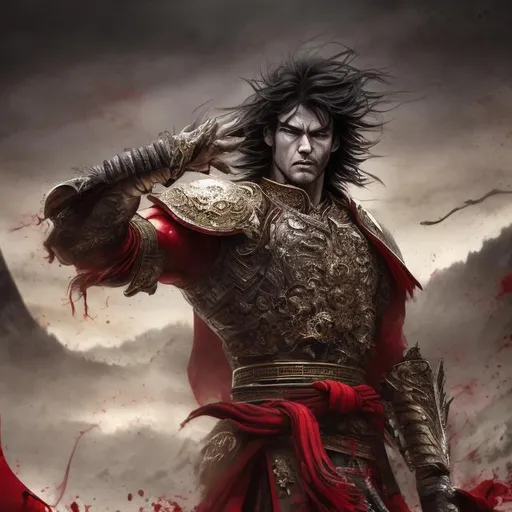 Prompt:  1man, handsome strong man, detailed long black hair , messy hair bangs, red sharp eyes, ethereal, strong aura, Chinese robe, war, blood, detailed, ethereal, fantasy, intense lighting, martial arts, ancient China, atmospheric, red tones, professional, mystical, vibrant colors, fantastic, character portrait, calm energy, slender, manly, muscles, red aura, human,