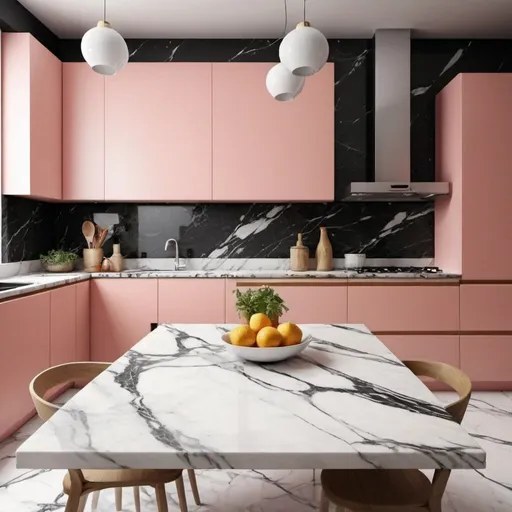 Prompt: Generate a picture used to design color box with a marble table as the major objective, the background is in kitchen.