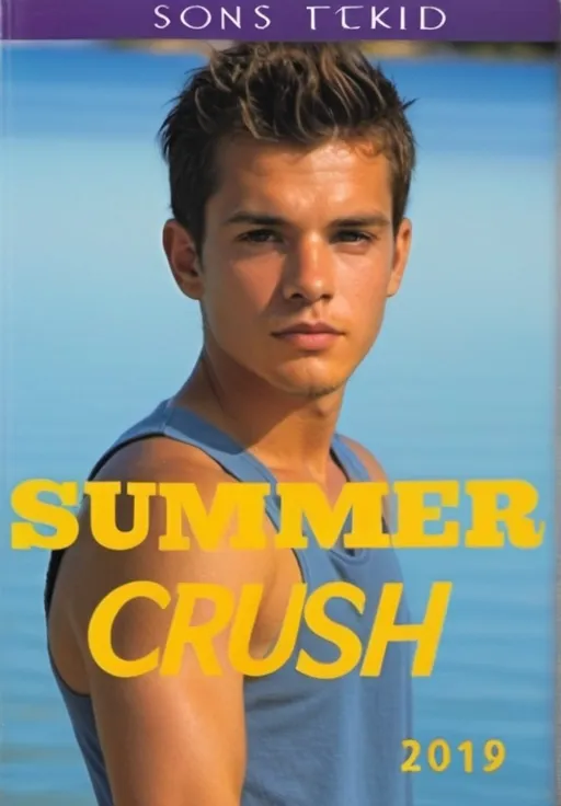 Prompt: DVD cover for SUMMER CRUSH featuring a young handsome French actor, 17 years old, with tousled blond hair with blond highlights falling lightly over his forehead, standing confidently by the water's edge, his sun-kissed skin glistening under the natural light, suggesting a warm summer day. His hair is styled attractively with blond highlights, framing his youthful face that carries a thoughtful expression, as if pondering the moment. Dressed in a simple sleeveless tank top, he embodies an easygoing, carefree vibe, resonating with the theme of summer adventures. The composition emphasizes his figure while the soft, blurred background of the shimmering water creates a serene atmosphere, enhancing the overall sense of calm and nostalgia often associated with summer crushes. Bold yellow text overlays the image with the words "SUMMER CRUSH," reinforcing the lighthearted and romantic essence of the scene.