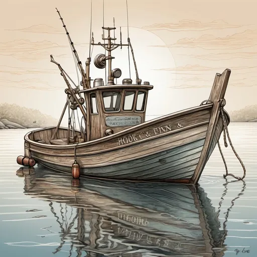 Prompt: Fishing boat drawing with words "hook & fin"