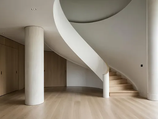 Prompt: A realistic and Architectural minimalistic foyer with curved plaster staircase, natural oak grand piano under the stairs, plaster handrail, Axel Vervoordt inspired, high quality, minimalistic, curved staircase, plaster handrail, natural oak grand piano, architectural design, neutral tones, professional lighting