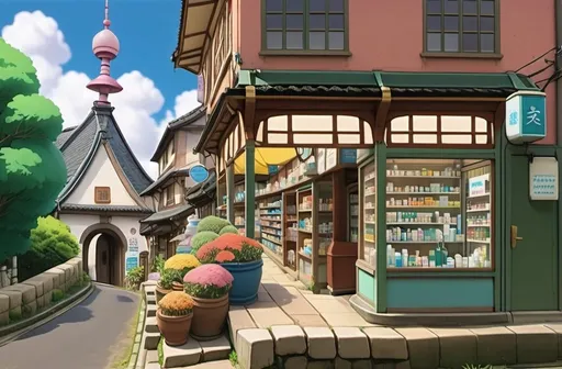 Prompt: Draw  a Community pharmacy building
Draw like ghibli 
Don’t make it a complex drawing 
No humans drawing, only builing
No background, make a png, only building