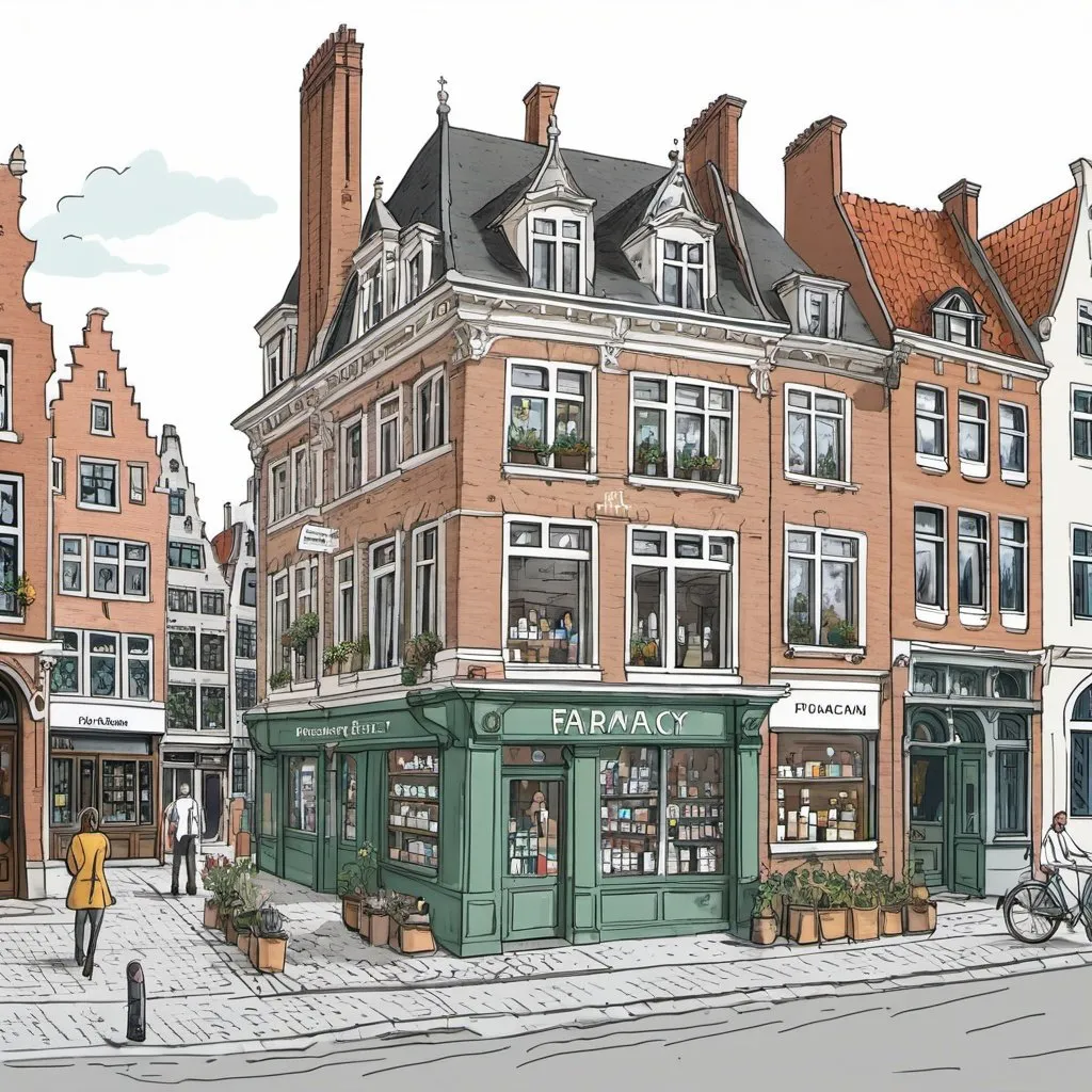 Prompt: Draw a Community pharmacy building, add the apothecary person to the scene
Set it in a Belgian city like Antwerp, use typical belgian architecture.
Zoom in on the building and add a pharmacist person to it
Add also a clear sign that says “Farmacie”, with no spelling mistakes
Don’t make it a complex drawing 
No background, make a png