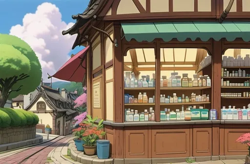 Prompt: Draw  a Community pharmacy building
Draw like ghibli 
Don’t make it a complex drawing 
No humans drawing, only builing
No background, only building