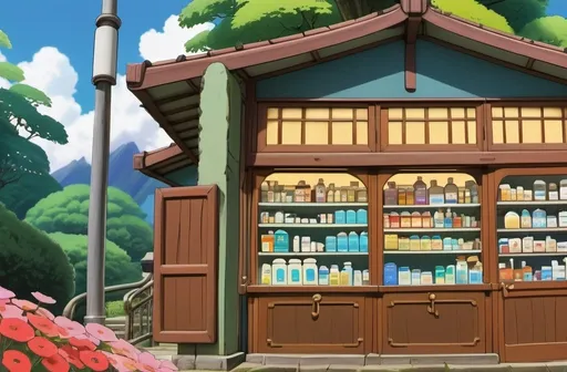 Prompt: Draw  a Community pharmacy building
Draw like ghibli 
Don’t make it a complex drawing 
No humans drawing, only builing
No background, make a png, only building