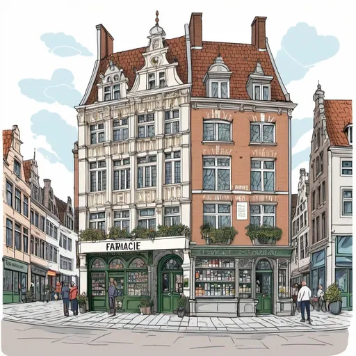 Prompt: Draw a Community pharmacy building, add the apothecary person to the scene
Set it in a Belgian city like Antwerp, use typical belgian architecture.
Add also a clear sign that says “Farmacie”, with no spelling mistakes
Don’t make it a complex drawing 
No background, make a png