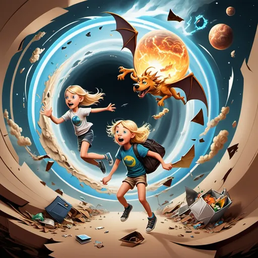 Prompt: create a cartoon image of a blonde teen girl and boy flying around (like they're stuck in a tornado) a portal into another world. The other planet is visible, showing a planet. Also in the tornado is a dragon, a dog, a bag of garbage