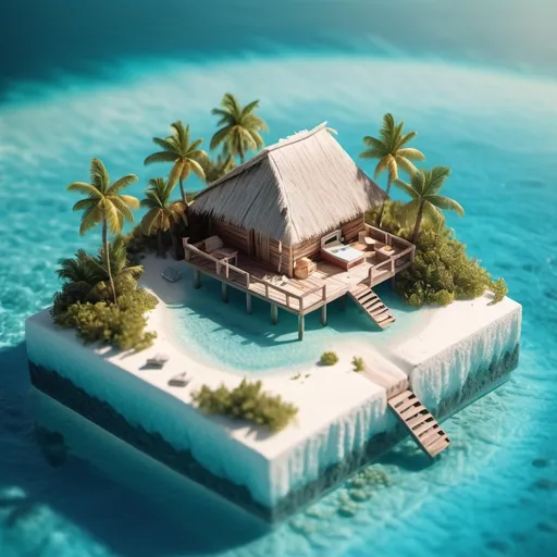 Prompt: miniature isometric world render, a hut surrounded by clear water, bahamas, on a table