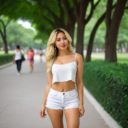 Prompt: mexican blonde woman,small white top,smal shorts, wallking in park,