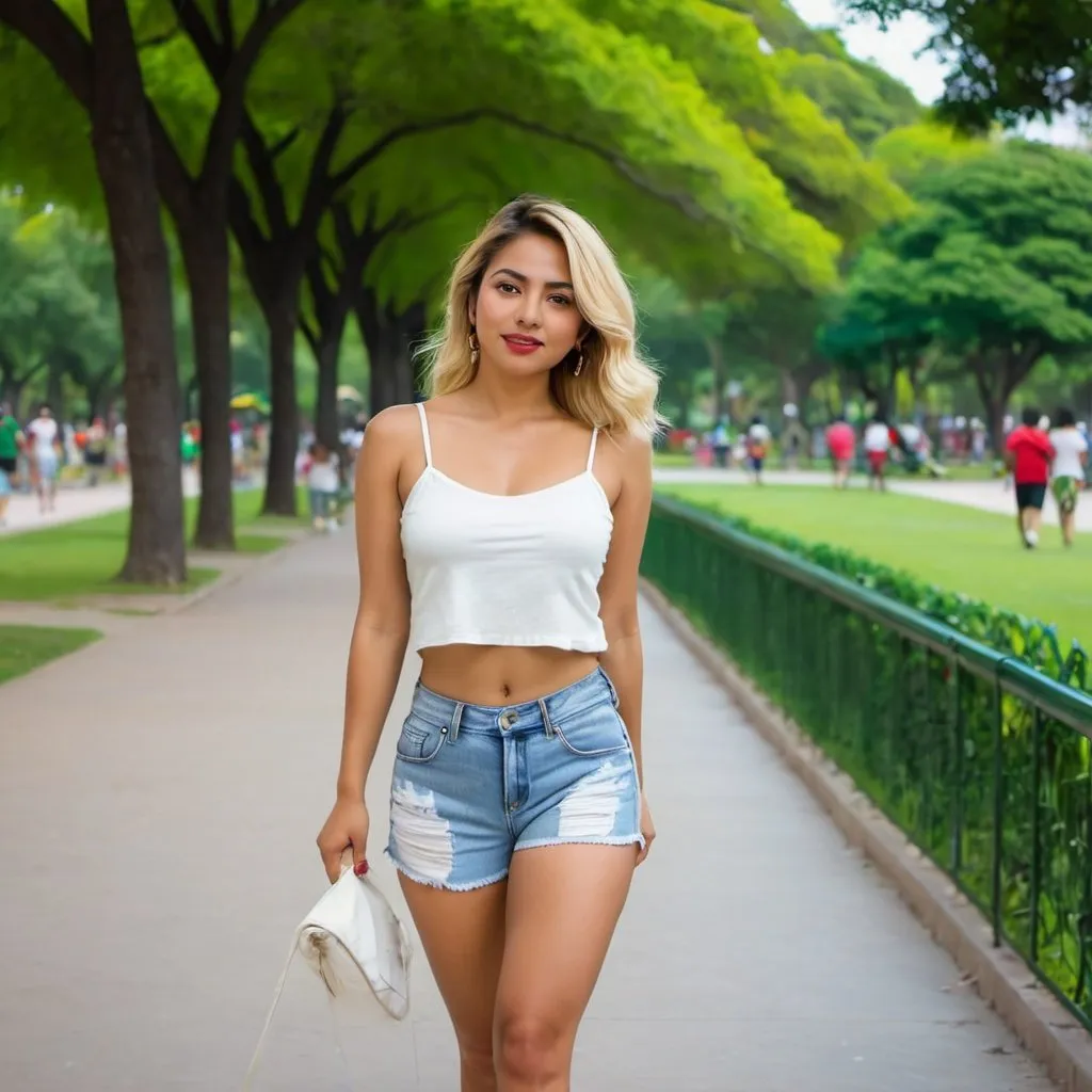 Prompt: mexican blonde woman,small white top,smal shorts, wallking in park,