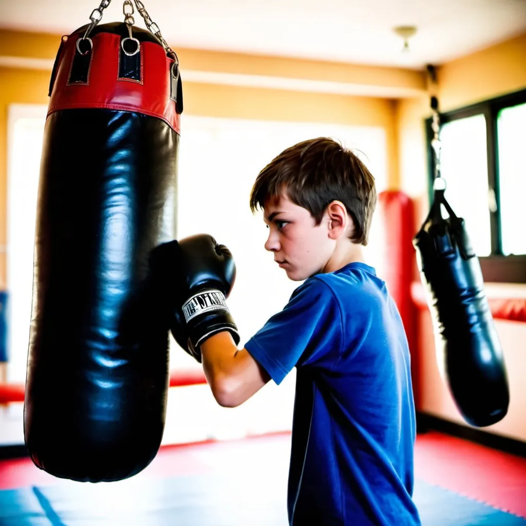 Prompt: A training photo of a 12-year-old boy, with the camera slightly overlooking his back and shoulders, showing his gloves striking the punching bag. The scene is bright with an atmosphere of positive energy, captured from a rear view.