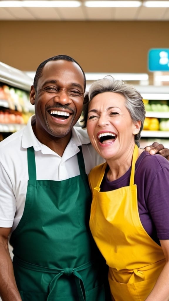 Prompt: I would like you to generate an image of a 50 year old black man and a 60 year old woman with experience in a supermarket, they are laughing about the job they both got in this supermarket, they are wearing an apron working