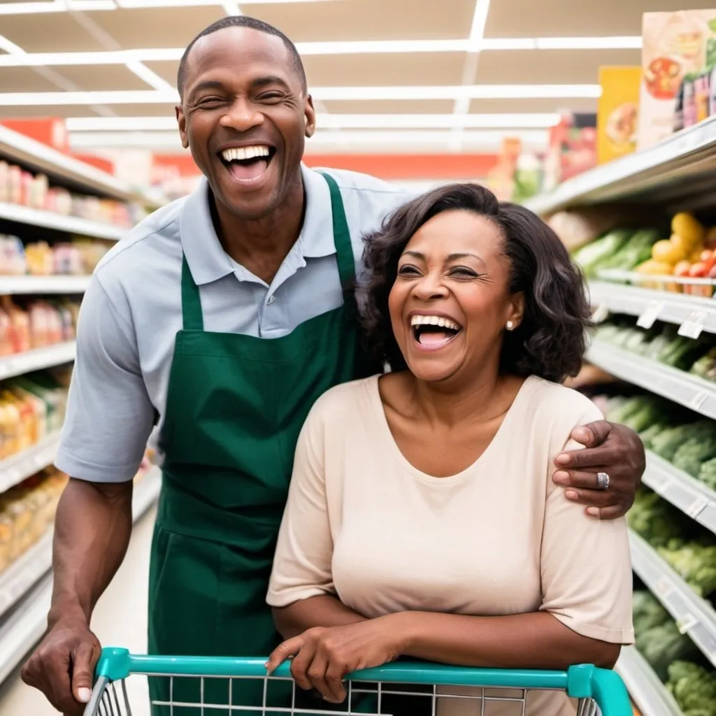 Prompt: I would like you to generate an image of a black man and a 50 year old woman with a supermarket background, they are laughing with the job they got in this supermarket