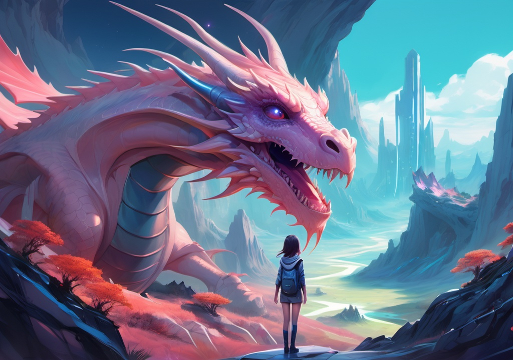 Prompt: In the style of rossdraws, a girl snuggles with a millennial dragon in a futuristic valley, surrounded by a beautiful, eerie landscape, anime, illustration, fantasy art, detailed,