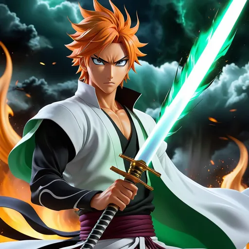 Prompt: The Espada (in the style of Bleach anime) in Las Noches, wielding a sword with black and emerald flames, causing a massive storm and shockwaves, the photo has a combination of crane shot, tackling shot and Dutch Tilt shot, mind-bending 3D view, vivid colors, Japanese art, anime, Bleach anime